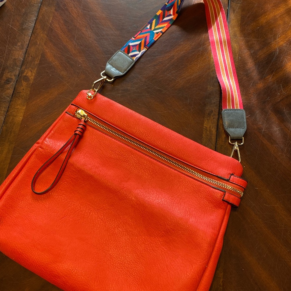 Vibrant Orange Shoulder Bag with Removable Patterned Strap - Picture 5 of 5